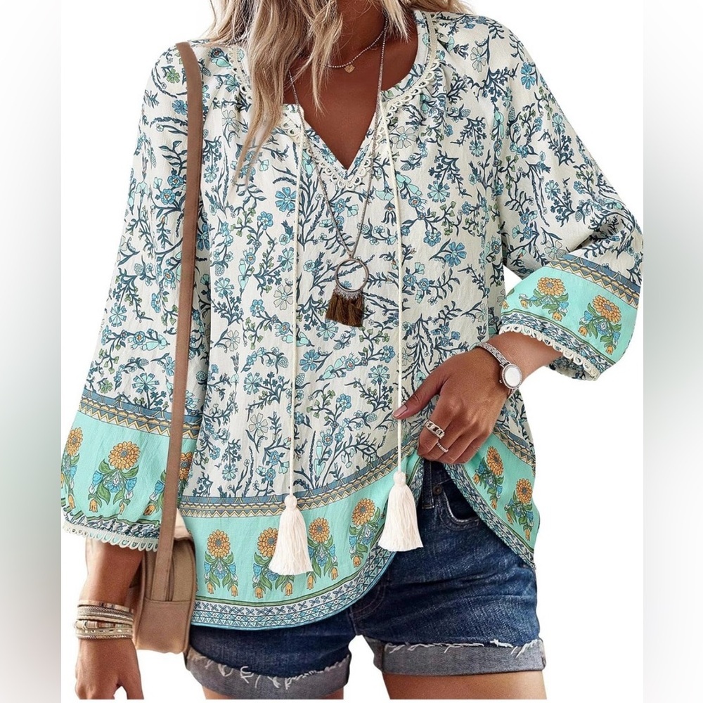 Boho Western Floral Blouse Mint Teal Peasant Tassel Top XL NEW